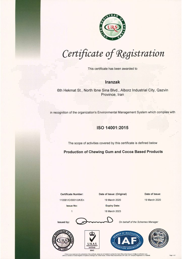 Iranzak  - Certificate ISO 14001:2015