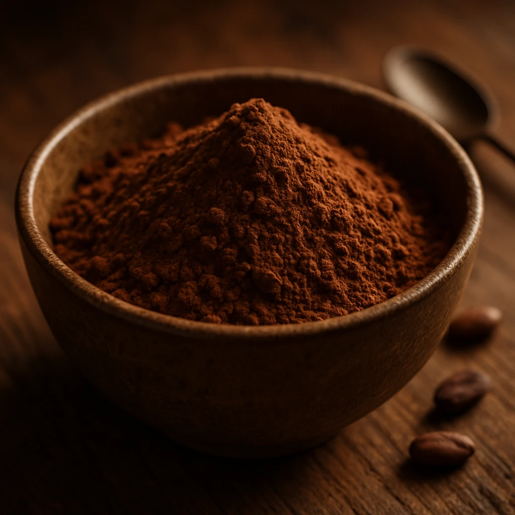 پودر کاکائو داخل ظرف چوبی