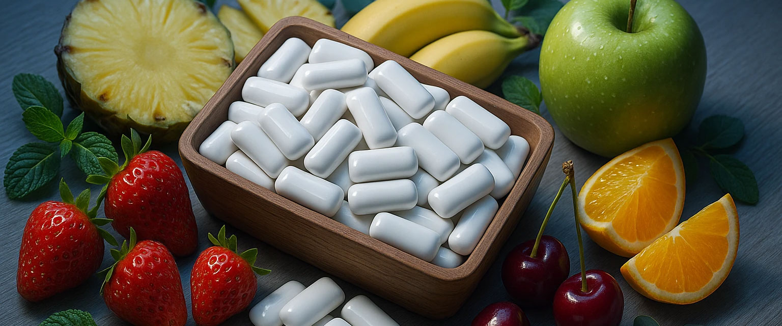 آدامس دراژه ای با طعم های طبیعی میوه و نعناع و منتول