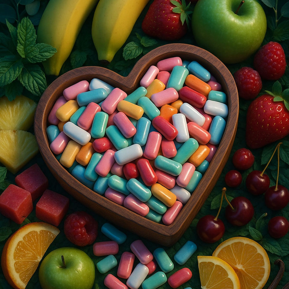 آدامس های رنگی در کنار میوه ها