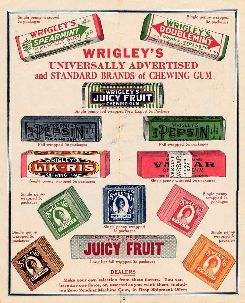 پوستر تبلیغاتی قدیمی آدامس‌ های Wrigley شامل انواع Spearmint، Doublemint، Juicy Fruit، Pepsin، Li-K-Ris، Vassar و Sweet 16 در بسته‌ بندی‌ های رنگارنگ، با توضیحات مخصوص فروشندگان و شعار «Universally Advertised and Standard Brands of Chewing Gum»
