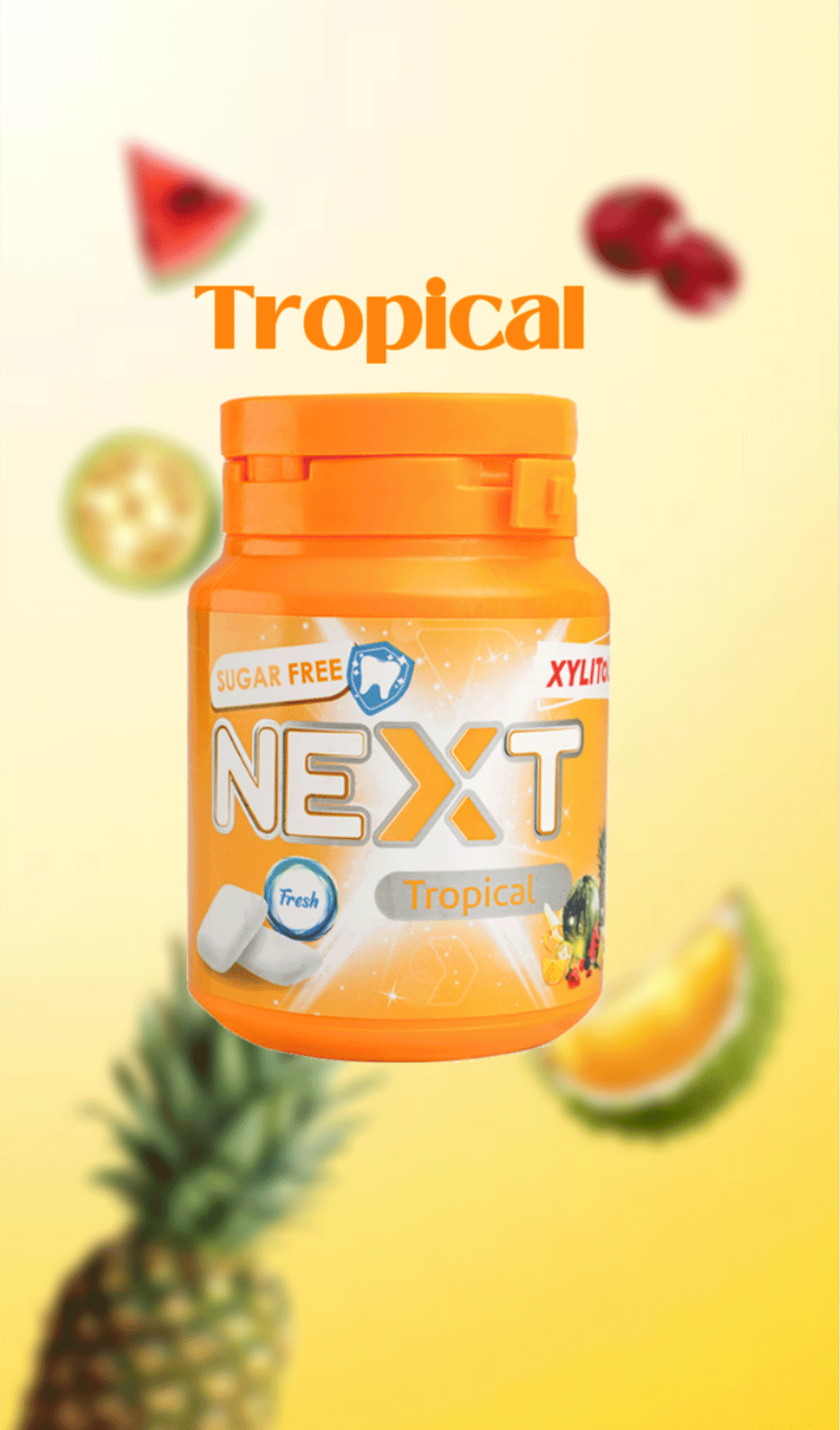 آدامس دراژه ای بدون شکر NEXT با طعم میوه های استوایی