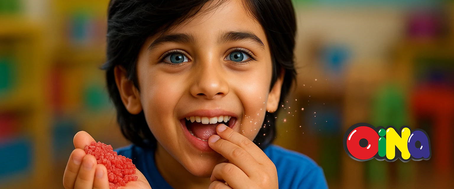 پسر در حال خوردن آبنبات جرقه ای اوینا