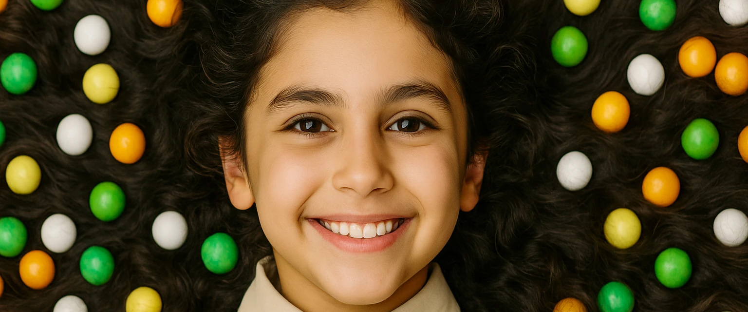 دختر بچه خندان در بین آدامس های قلقلی اوینا